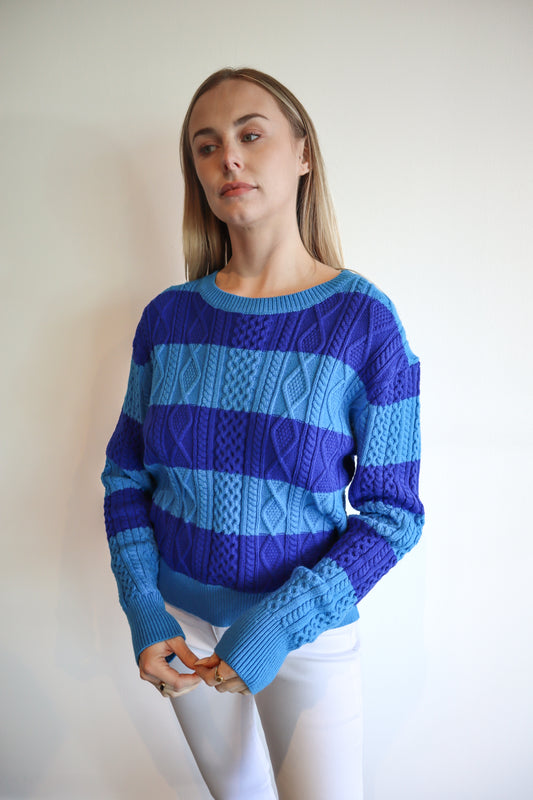 cable knit crewneck, turquoise sweater, cobalt sweater, color block sweater, super soft sweater, cozy sweater, stylish sweater, Betsy crewneck.