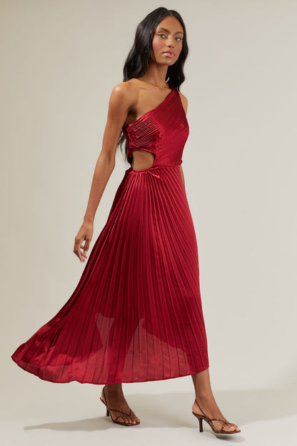 Ruby red pleated one shoulder midi dress featuring modest one side cut out, asymmetrical hem and gorgeous pleating throughout.