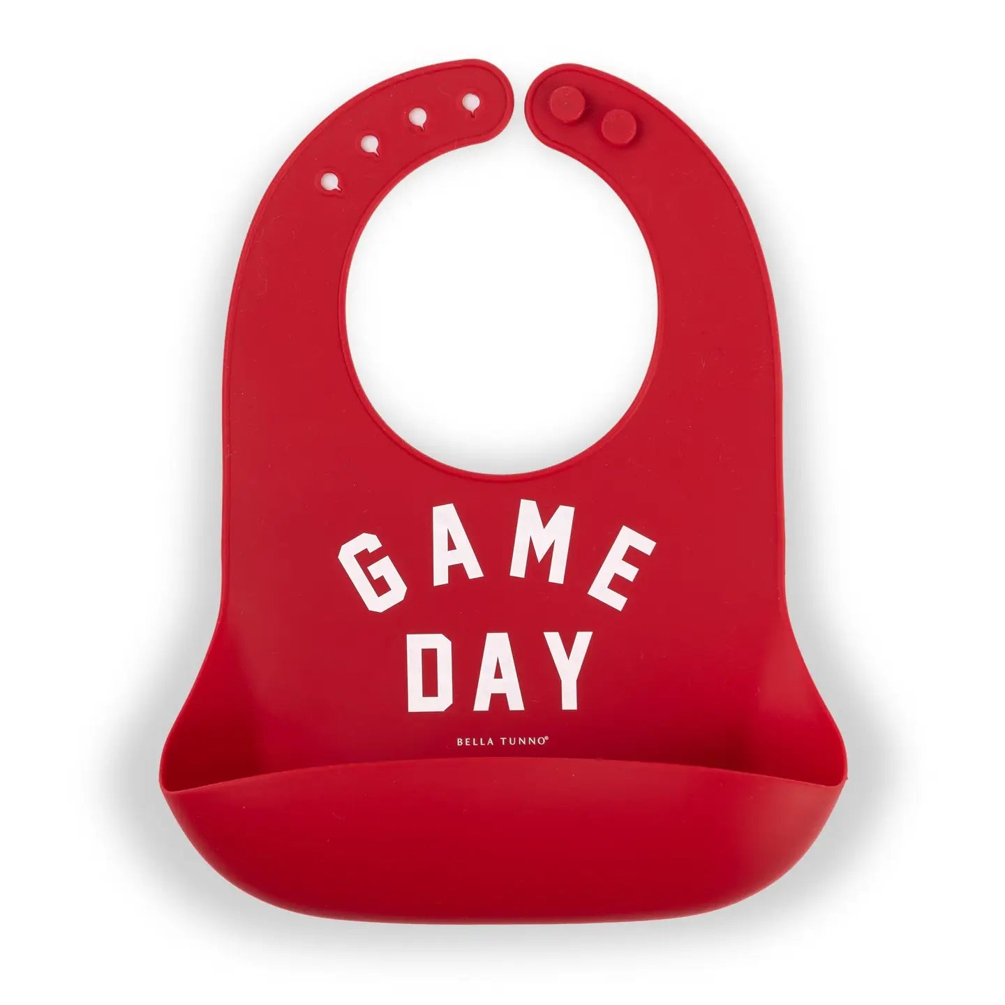 Red silicone baby bib with catch all pocket that says "game day"