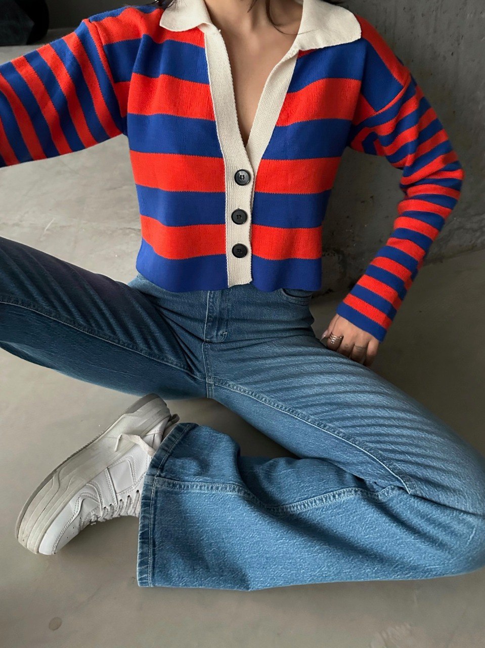 Preppy cropped cardigan - red and blue