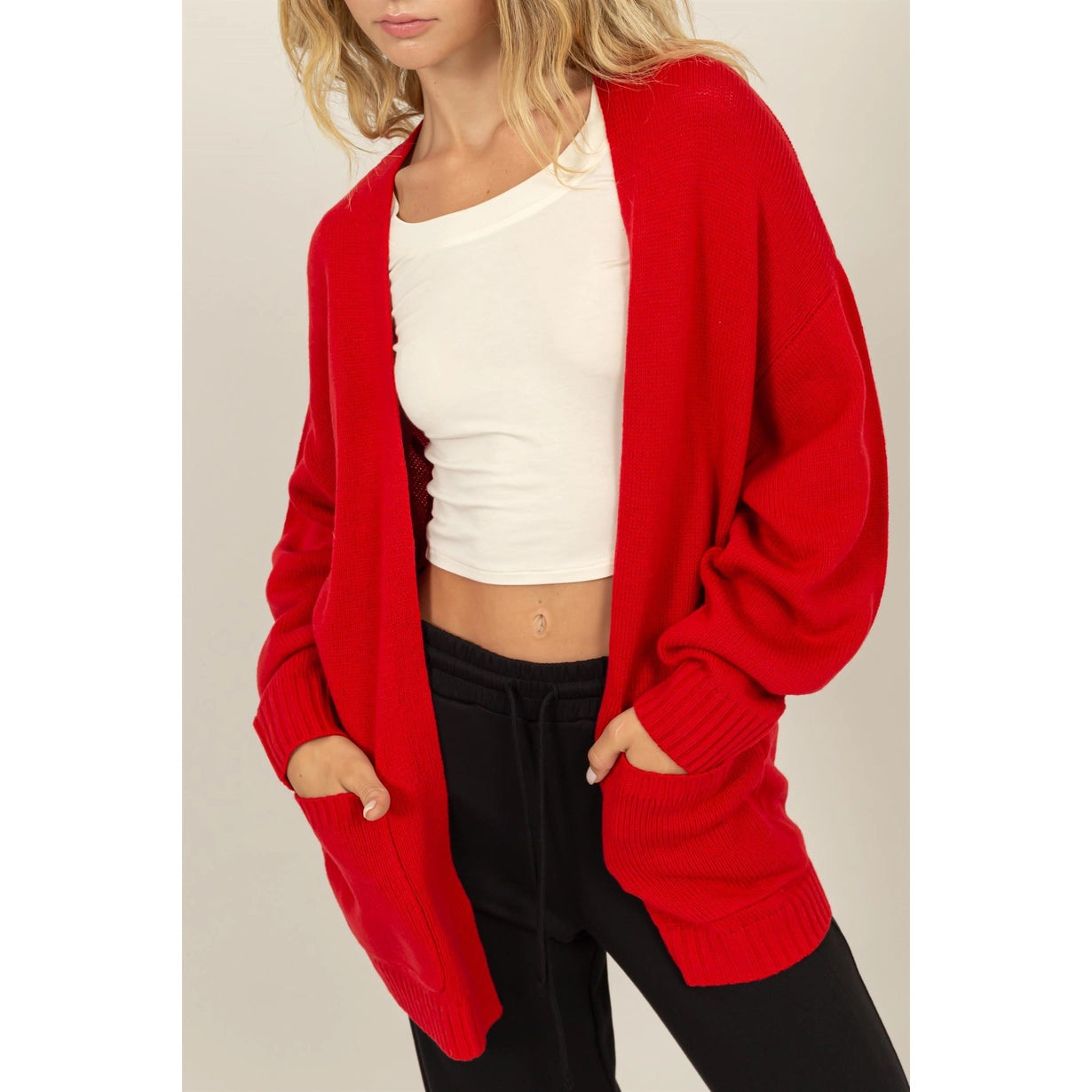 open front long cardigan - true red