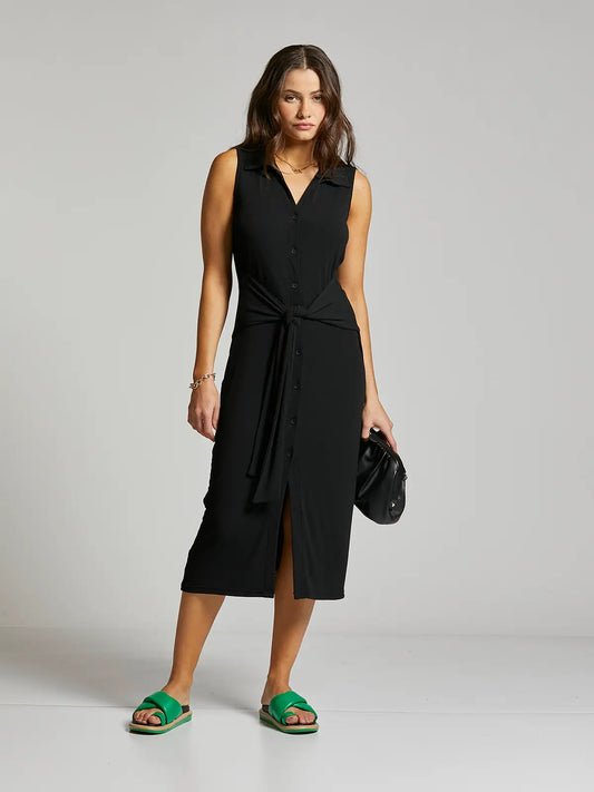 spring 2025 black button up midi dress with front waist tie and collar.