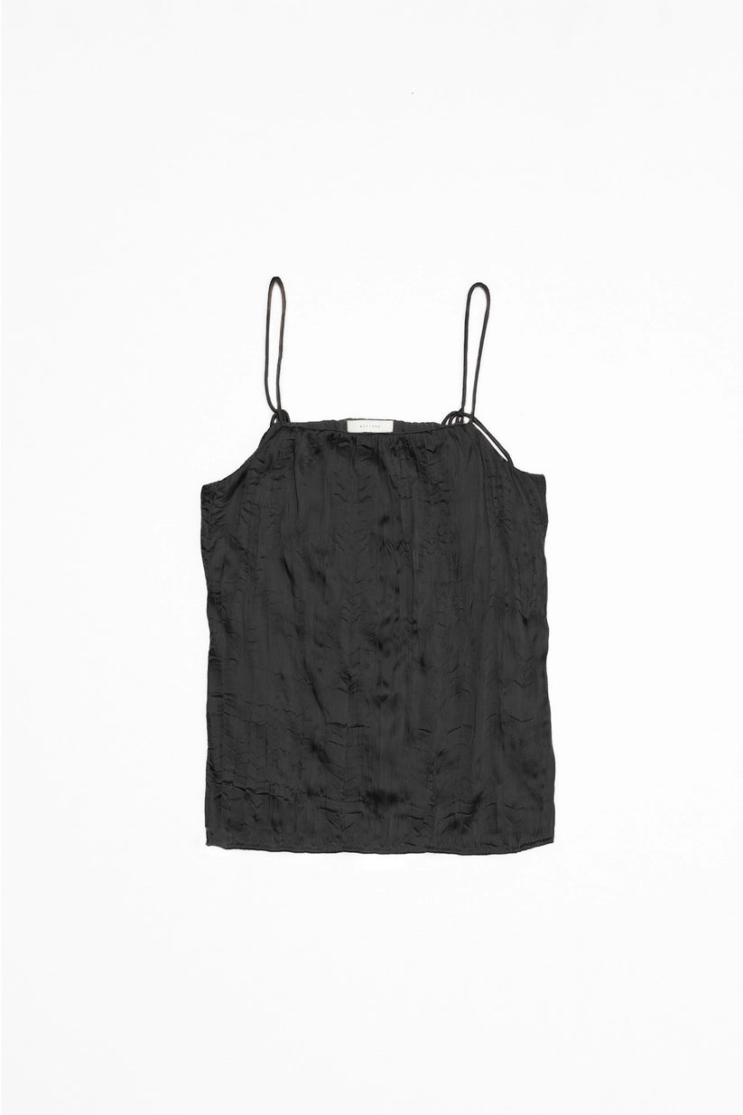 black satin loose fit cami top featuring delicate, adjustable straps. Perfect for any season.