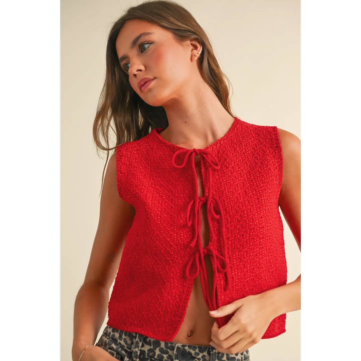 rosy front tie sleeveless cardigan top