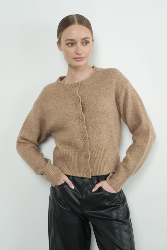 gold bow button cozy sweater - camel