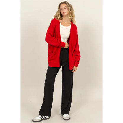 open front long cardigan - true red