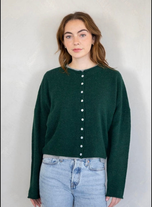 dark green super soft cardigan sweater featuring delicate small buttons closing the front. The loose fit, casual cardigan is perfect to throw over your shoulders, buttoned up or wear it open. Pair with dark or light denim.