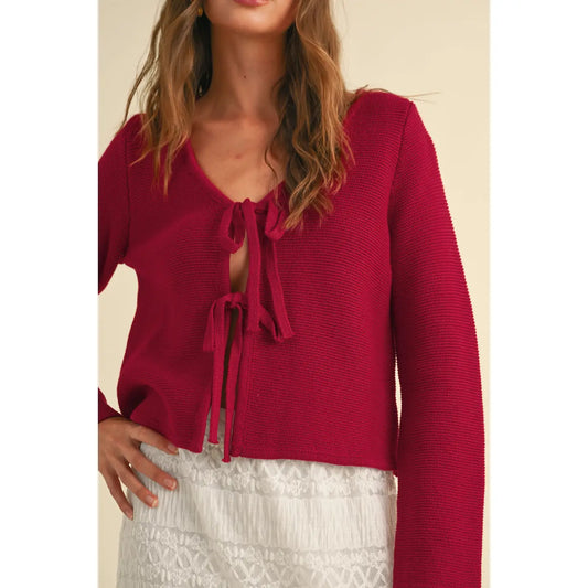 serene red front tie sweater