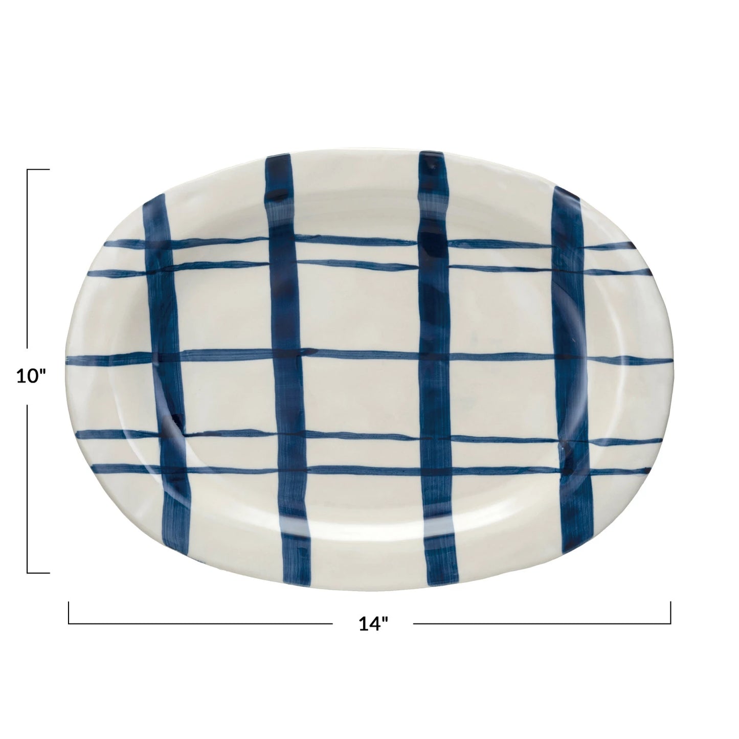 grid stoneware platter in blue