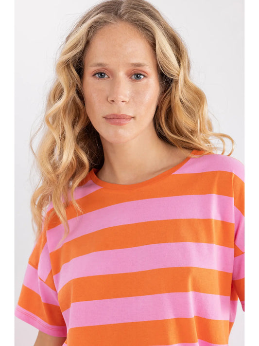 preppy thick stripe tee shirt oversized casual top in orange and pink