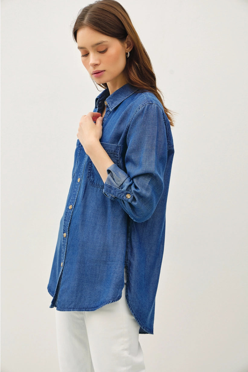 evita dark denim button up