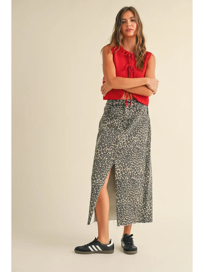leopard print denim midi skirt