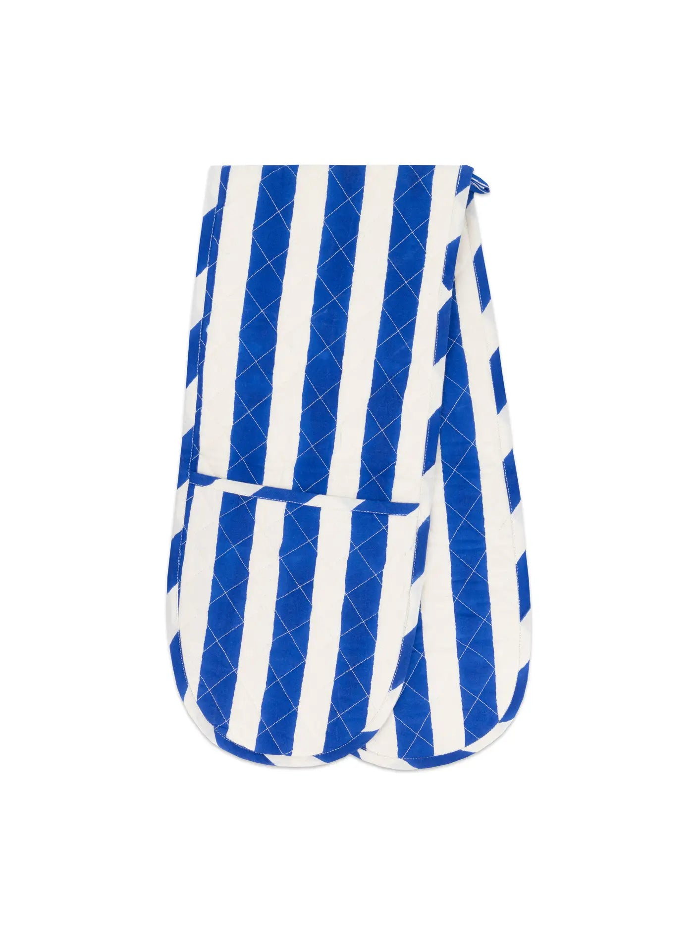 double oven mitt in blue and white stripe
