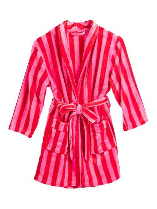 Cozy women's robe featuring bright pink and red stripes, with a plush texture and wrap-around design, perfect for lounging at home.