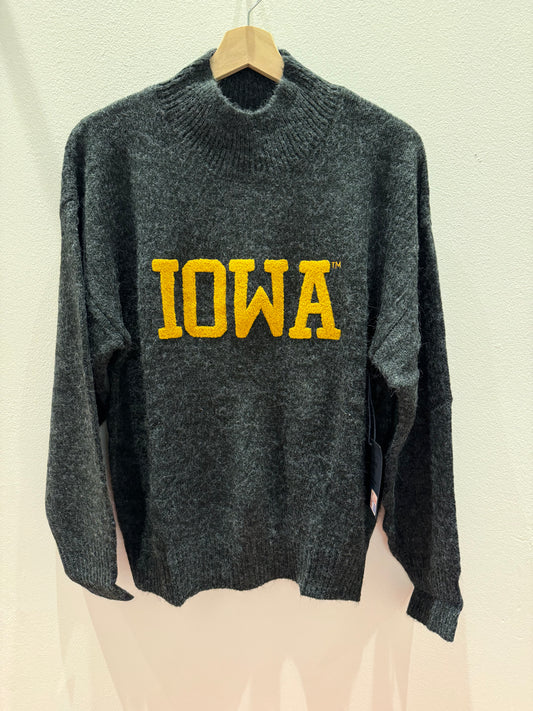 iowa hawkeyes gray sweater with large yellow Iowa letters featuring a mock neck and casual fit.