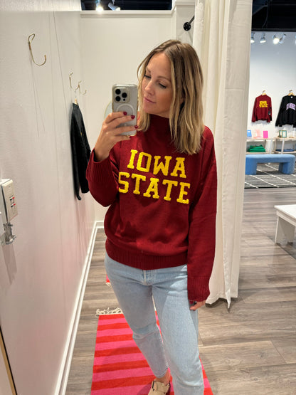 iowa state cyclones sweater featuring mock neck and bright yellow iowa state lettering.