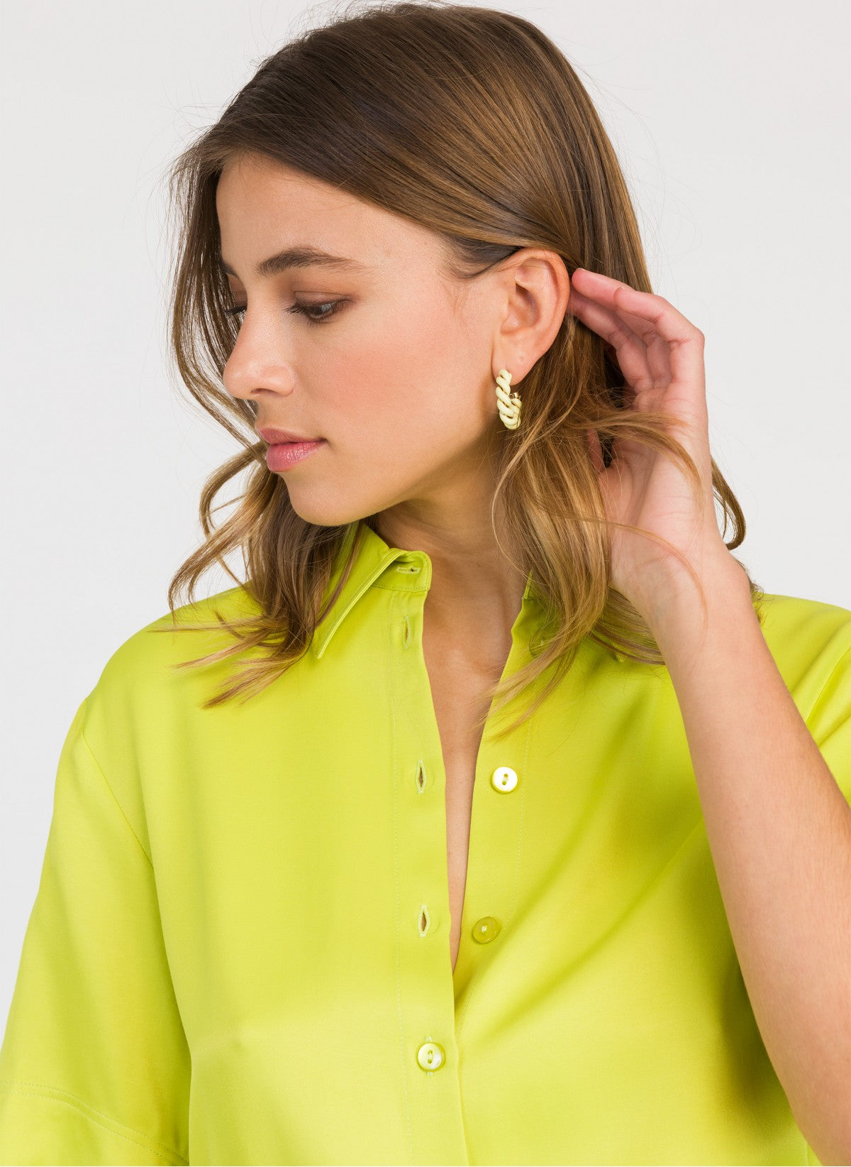 ali casual button up top in hot lime