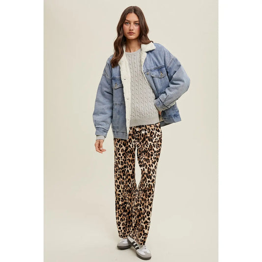 leopard print satin pull on pants with elastic drawstring waistband. A laid back, cool style pair with sneakers and white tee or sweatshirt.