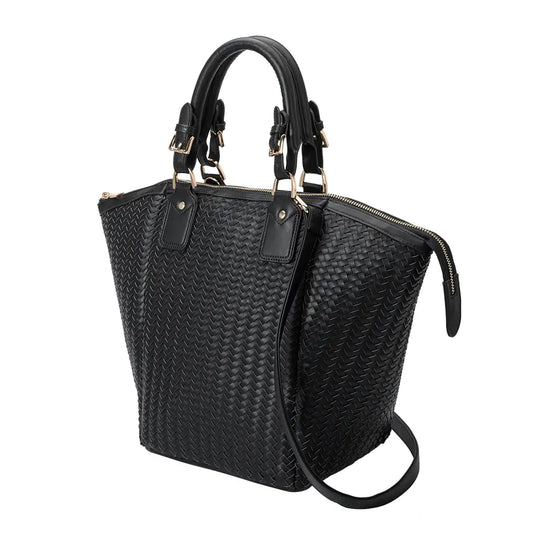 Large work bag purse by melie bianco featuring zipper top closure, additional removable interior bag, high end handles and long shoulder strap in a quilted faux leather fabric made from recycled materials.