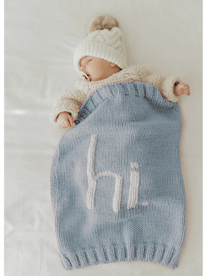 baby hi hand knit blanket in blue