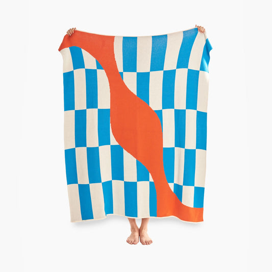 knit blanket, large blanket, picnic blanket, checkered, blue checkered, orange organic shape, large blanket 