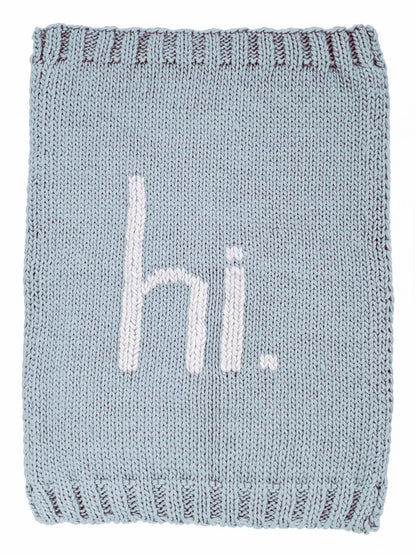 baby hi hand knit blanket in blue