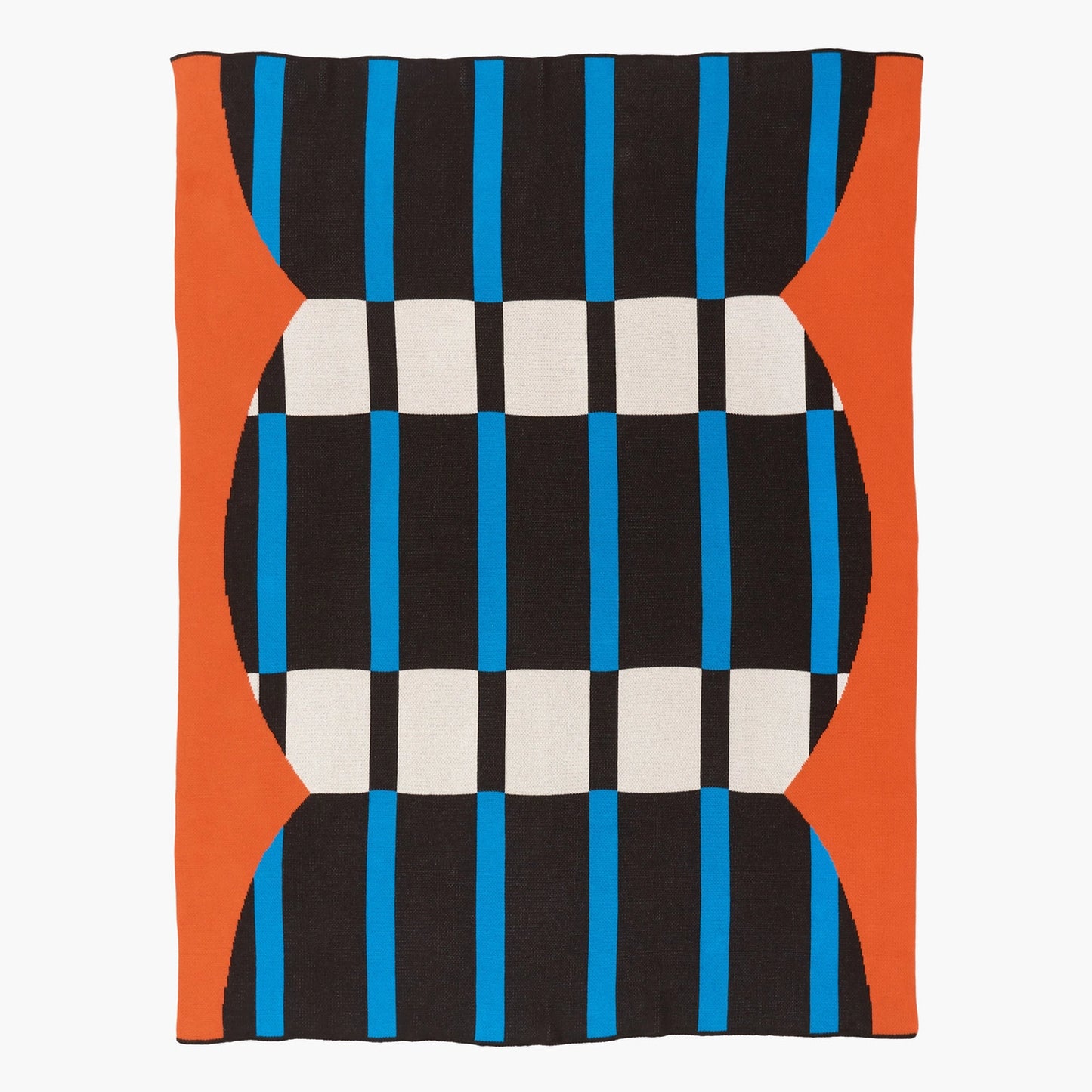 Modern artsy throw blanket with orange border and black, blue and cream vertical stripes, perfect for modern home design 