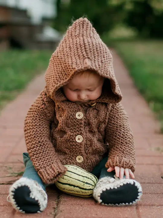 Baby Hand Knit Hooded Cardigan in Pecan