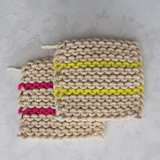 Cotton Crocheted Pot Holder w/ Neon Stripes, 2 Colors