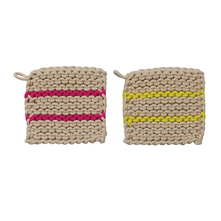 Cotton Crocheted Pot Holder w/ Neon Stripes, 2 Colors