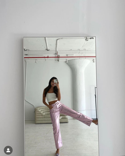 "OMFG" Pale pink metallic trousers by Amy Lynn