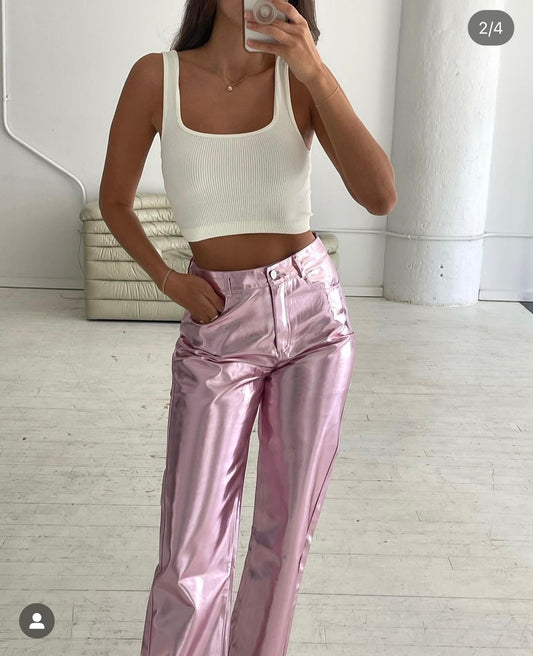 "OMFG" Pale pink metallic trousers by Amy Lynn